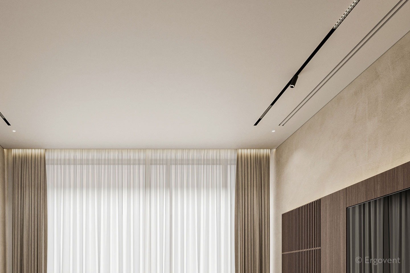 ERGOVENT LINEO PRO PUZZLE 2-slot 75x1050mm installed in luxury bedroom ceiling showing seamless dual slot diffuser