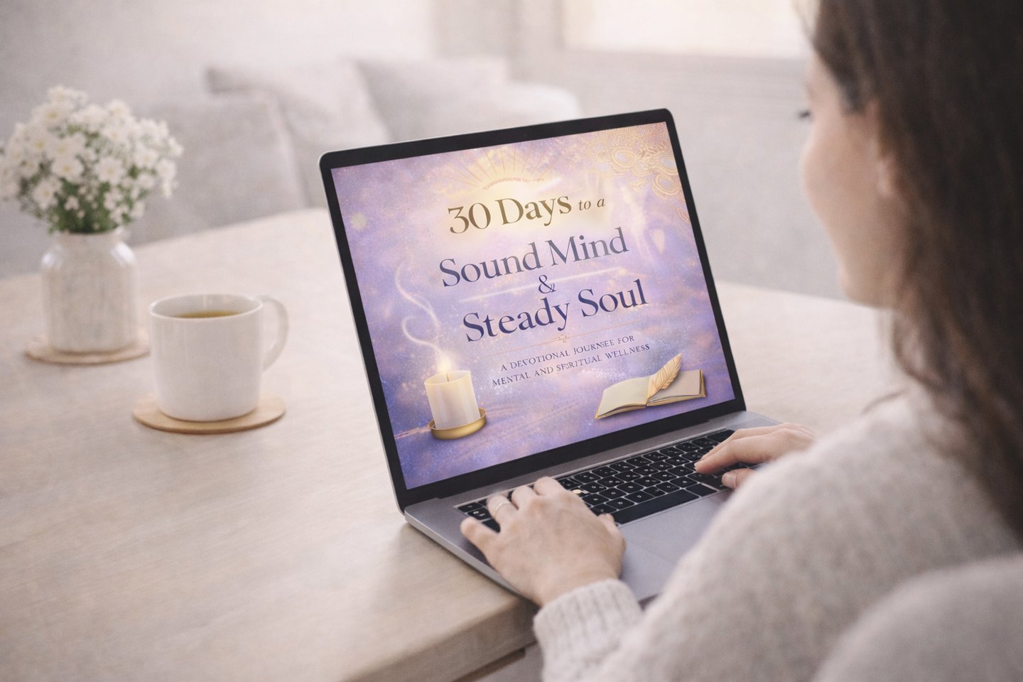 a woman sitting at a table with a laptop and a cup of coffee