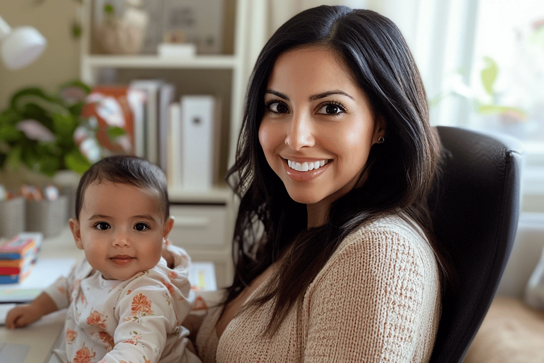 Mamá emprendedora con su bebé trabajando desde casa,  representan negocio digital  y emprendimiento .