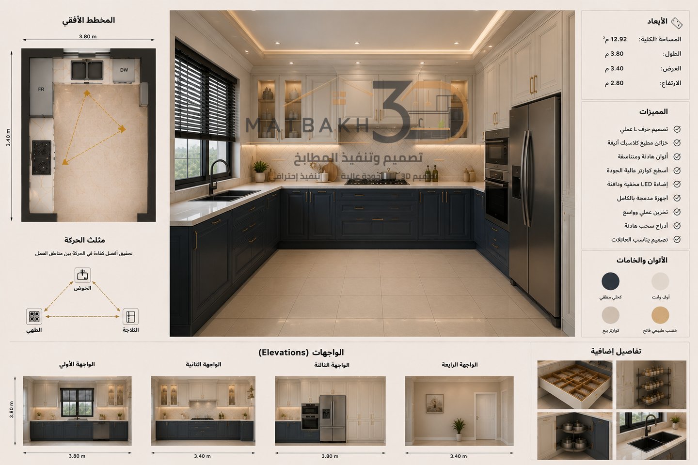 تصميم مطبخ كلاسيكي حرف L بخزائن كحلية وأوف وايت مع أسطح كوارتز وأجهزة مدمجة وإضاءة LED مخفية وتوزيع