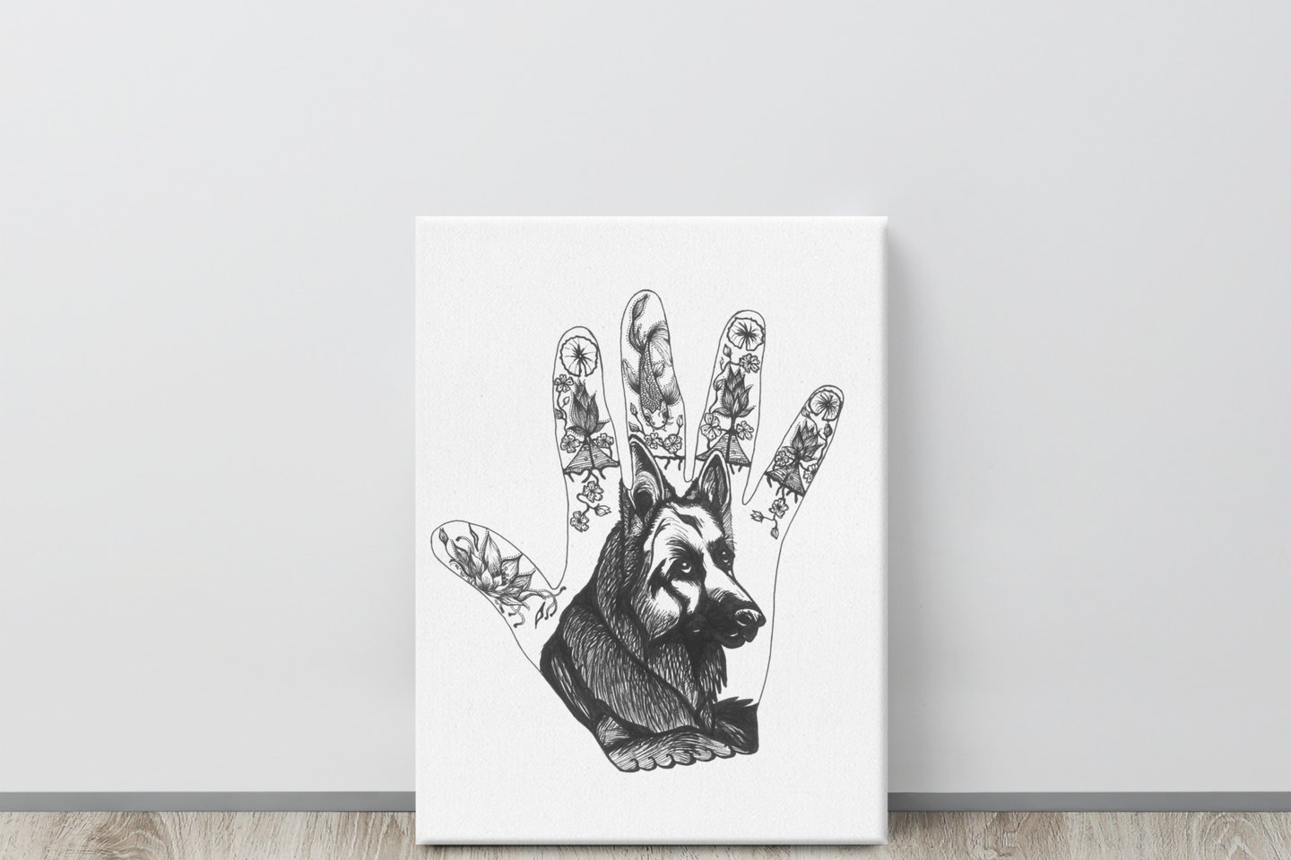 handgetekend persoonlijke hand afgedrukt op canvas gepresenteerd op grond