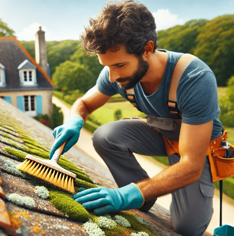 Couvreur nettoyant minutieusement la mousse et le lichen d'un toit en tuiles à l'aide d'une brosse.