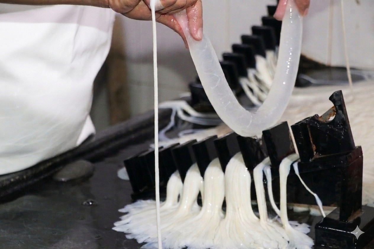 A factory worker caliberating sheep casing on caliber meter at fivestarcasing.com