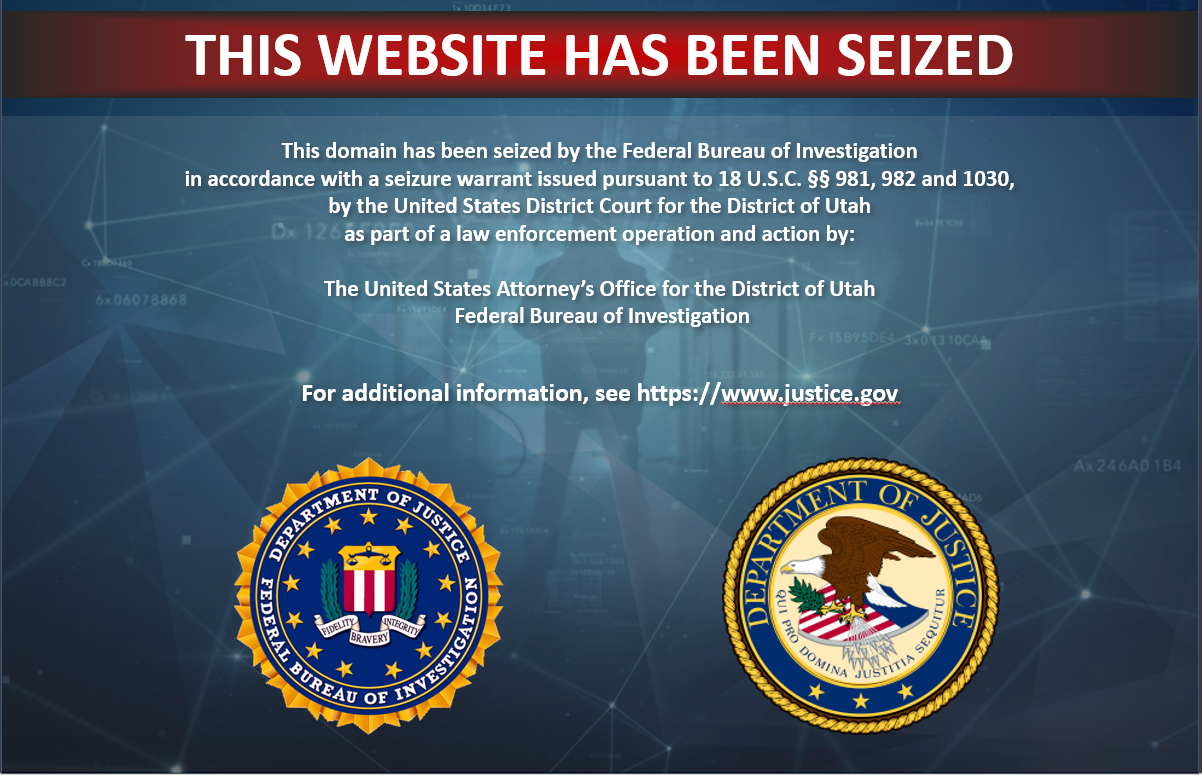 Official law enforcement notice stating this website has been seized by the FBI and Department of Justice.