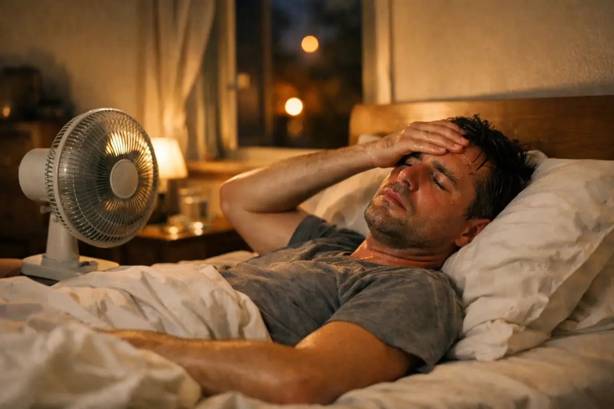 Sweating man trying to sleep in bed with an electric fan during a summer heatwave.