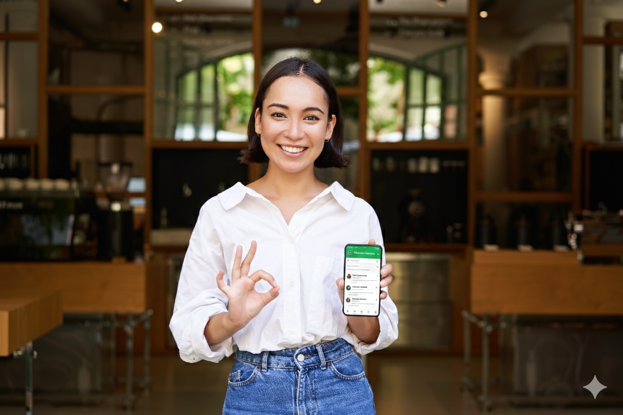 Mujer sosteniendo celular con la aplicación Whatsapp Business abierta.