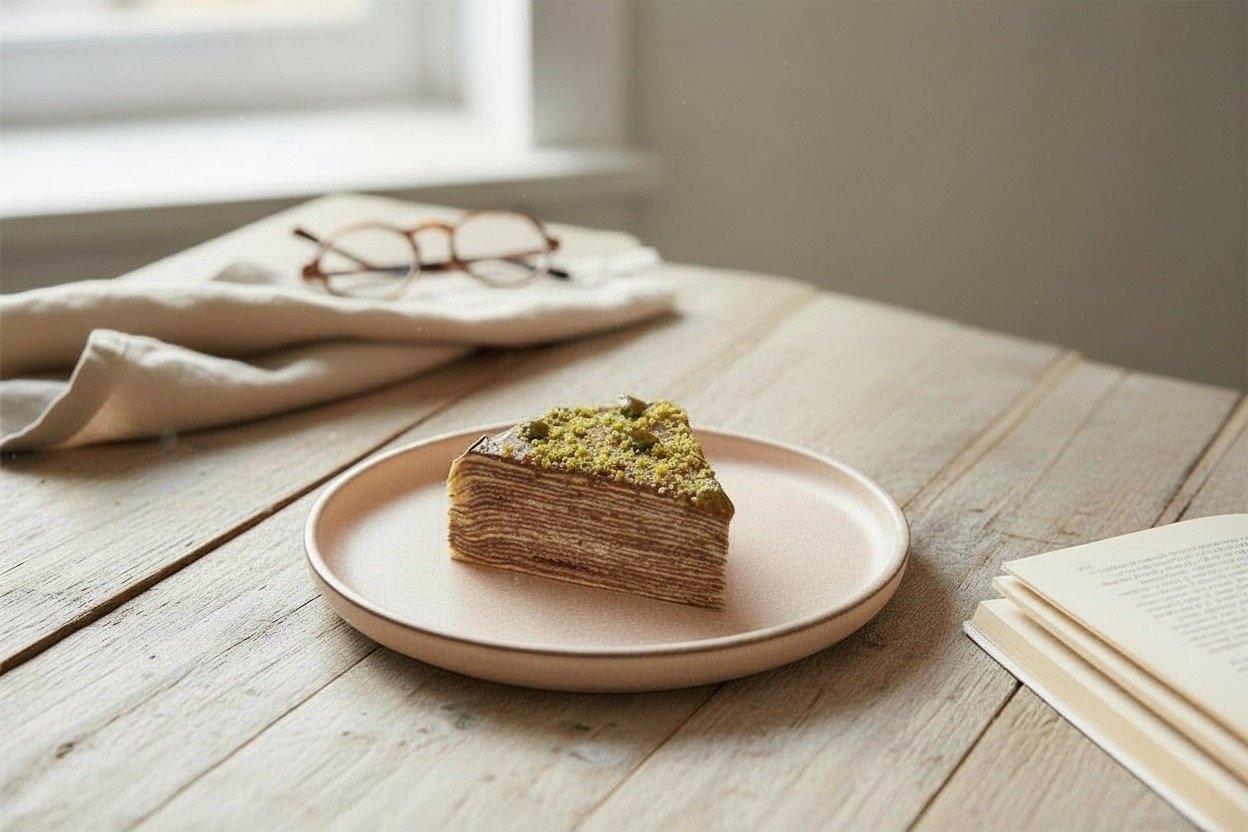 Gâteau de crêpes chocolat pistache atelier pâtisserie