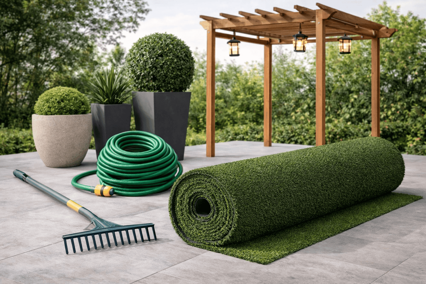 área externa: grama sintética, mangueira de jardim, vasos de plantas, plantas, rastelo, pergolado