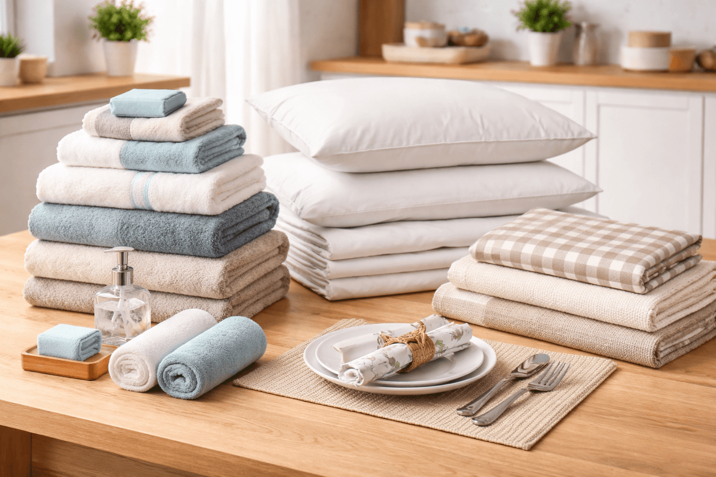 Cama, mesa e banho: travesseiros, almofadas, toalhas, lençóis, jogo americano,  cobertor,  lenços