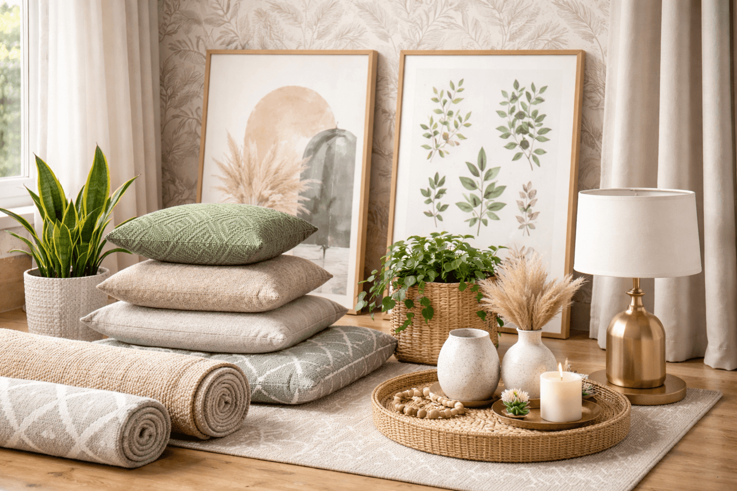 Decoração: quadros, cortinas, papel de parede, almofadas, vasos de plantas, plantas, abajur, lustre