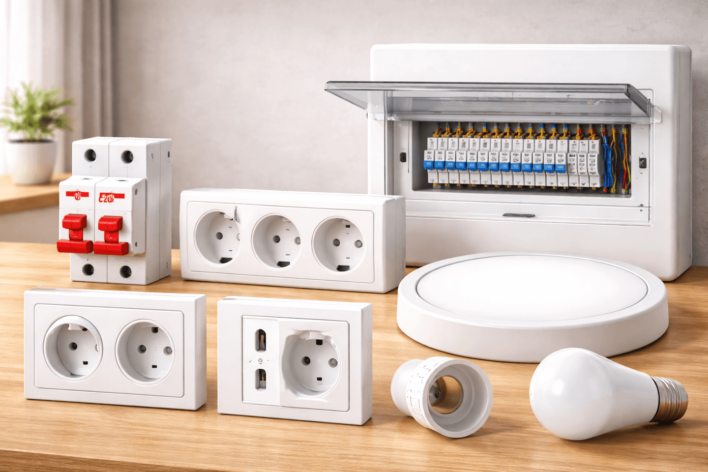 Elétrica e iluminação: disjuntor, tomadas, fios, spot, plafon, quadro de distribuição, conduíte, 