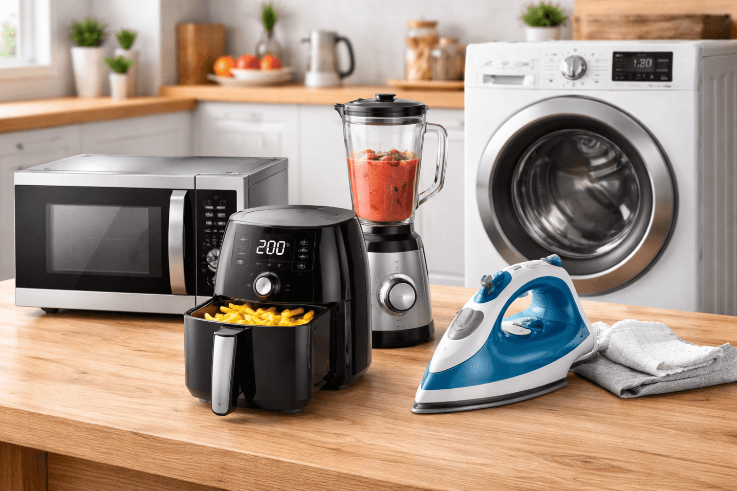 Eletrodomésticos: Micro-ondas, lavadora de roupas, airfryer, liquidificador, mixer, geladeira, fogão