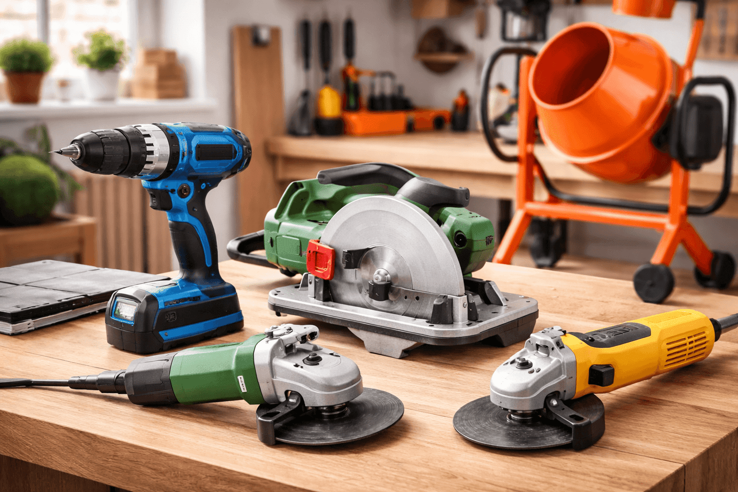 Ferramentas elétricas: Furadeira, serra circular, betoneira, esmerilhadeira, motoserra,  lixadeira