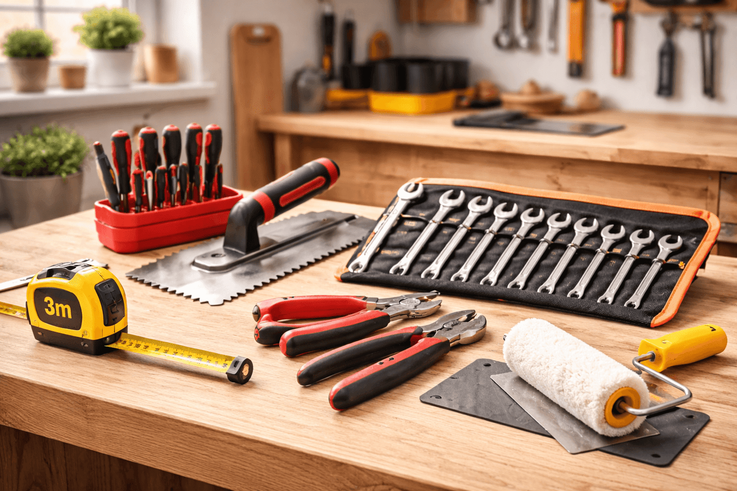 Ferramentas manuais: Kit chaves boca, kit chaves pito, alicate, rolo de pintura, desempenadeira