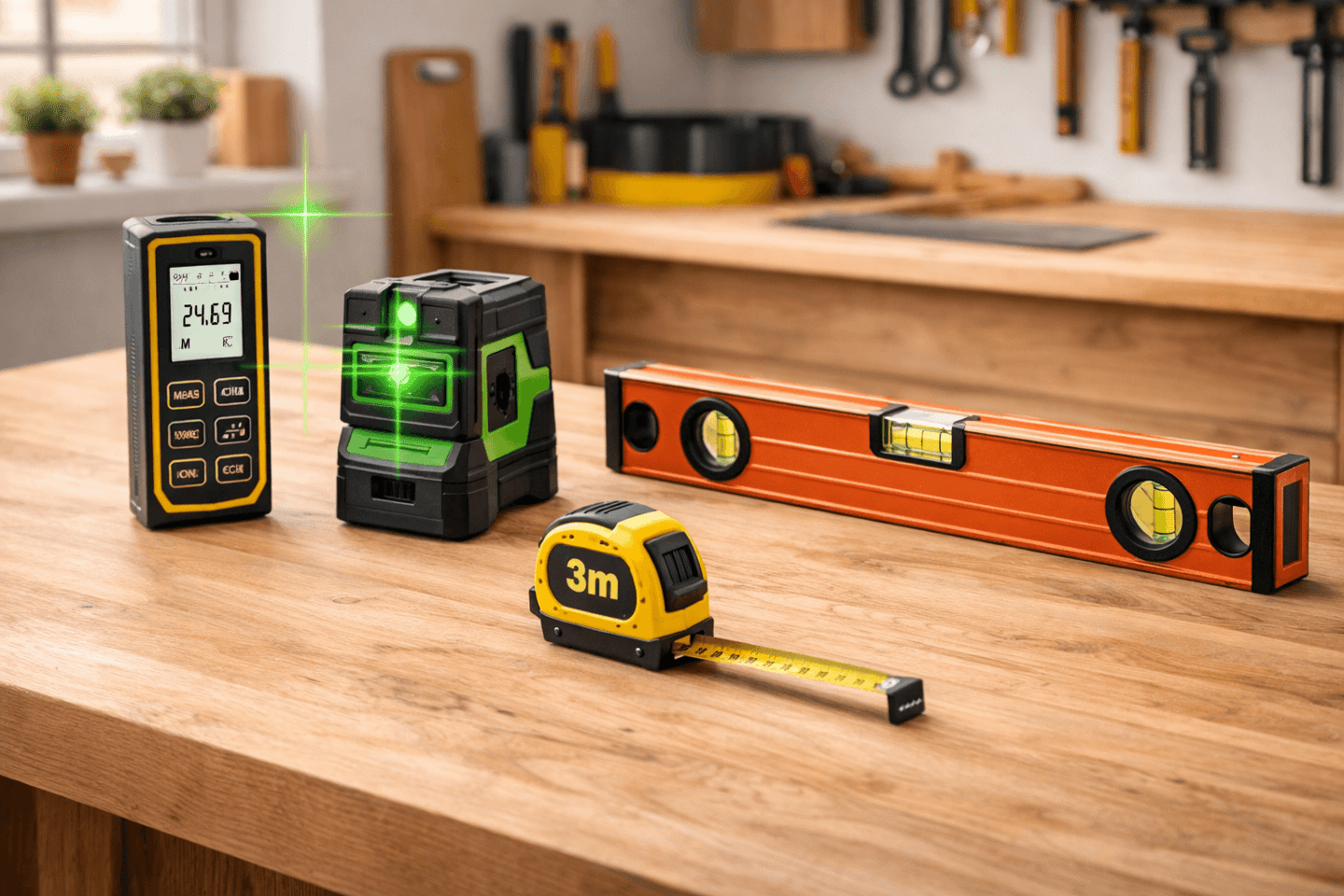 Medição e nível: nível a laser, nível de mão, trena a laser, trena de fita, prumo, régua