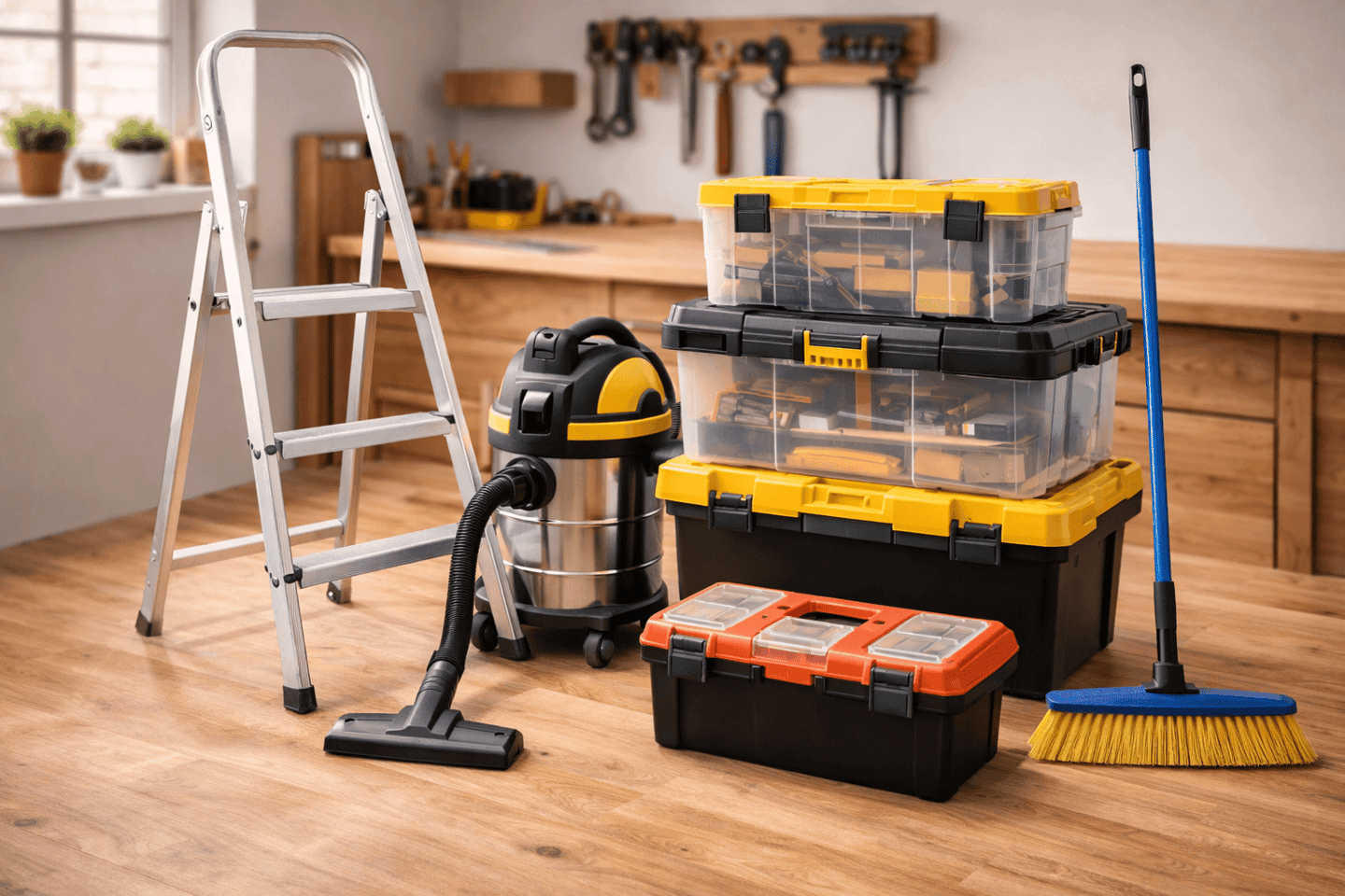 Organização e apoio: Escadas, aspirador de pó, caixa de ferramentas, caixa organizadora, organização