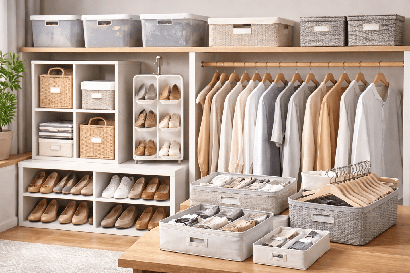 Organização: caixas organizadoras, tapeware, araras, nichos, cabides, separador de roupas, caixas 