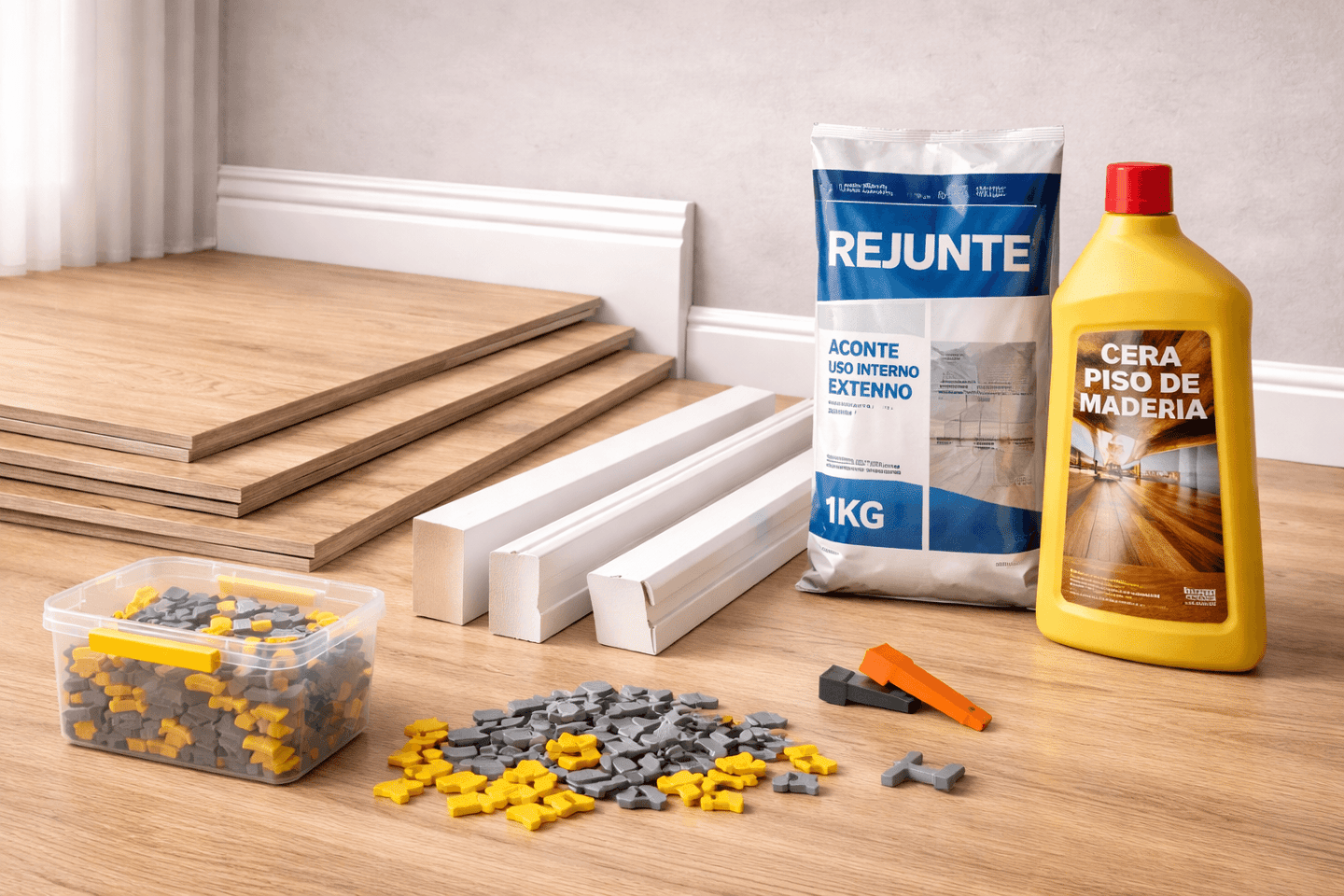 Pisos e revestimentos: piso laminado, piso vinílico, piso autonivelante,  rodapé, rejunte, espaçador