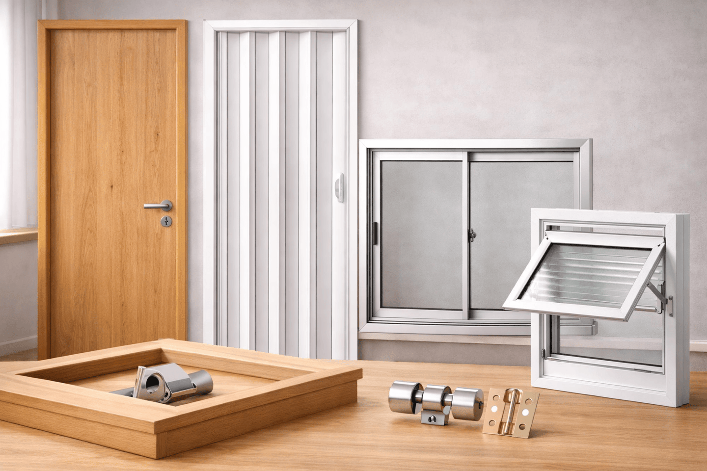 Portas e janelas: portas de madeira, sanfonada, janela sassazaki, esquadria de alumínio, dobradiças,