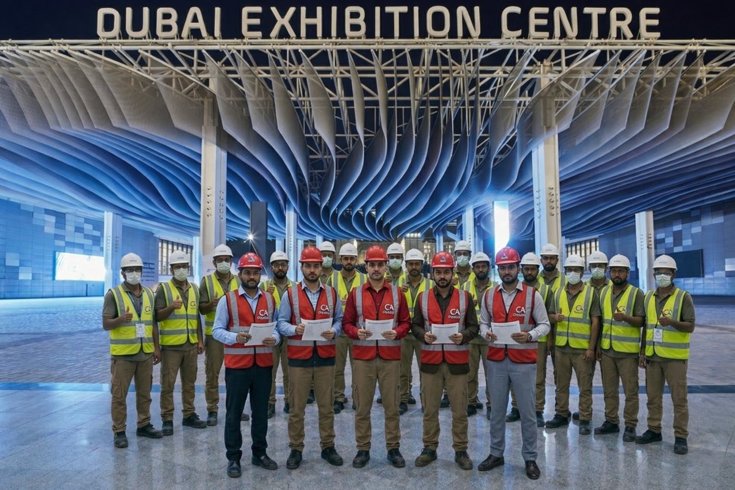 Capomio Team of workers with PM posing outside the Dubai Exhibition Centre entrance at night.
