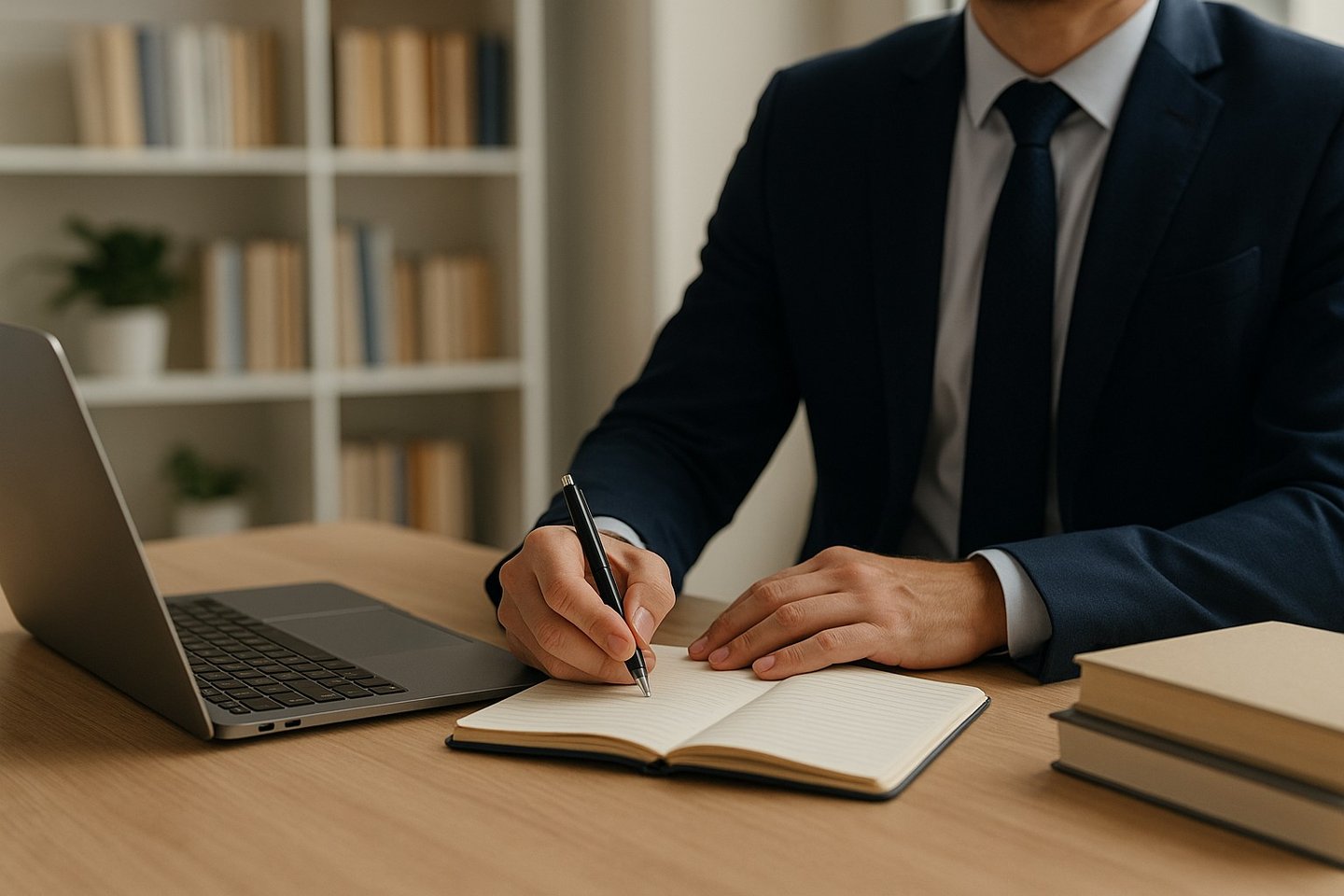Man at a desk with a laptop and notebook, reflecting on who can benefit from expert English support