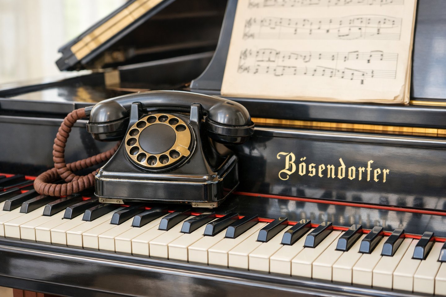 old telephone sitting on grand piano