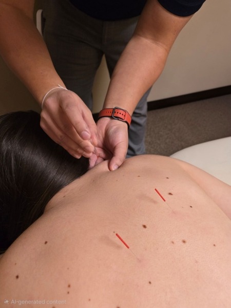 Dr. Xiong performing acupuncture on the shoulder to release neck/shoulder tension. 