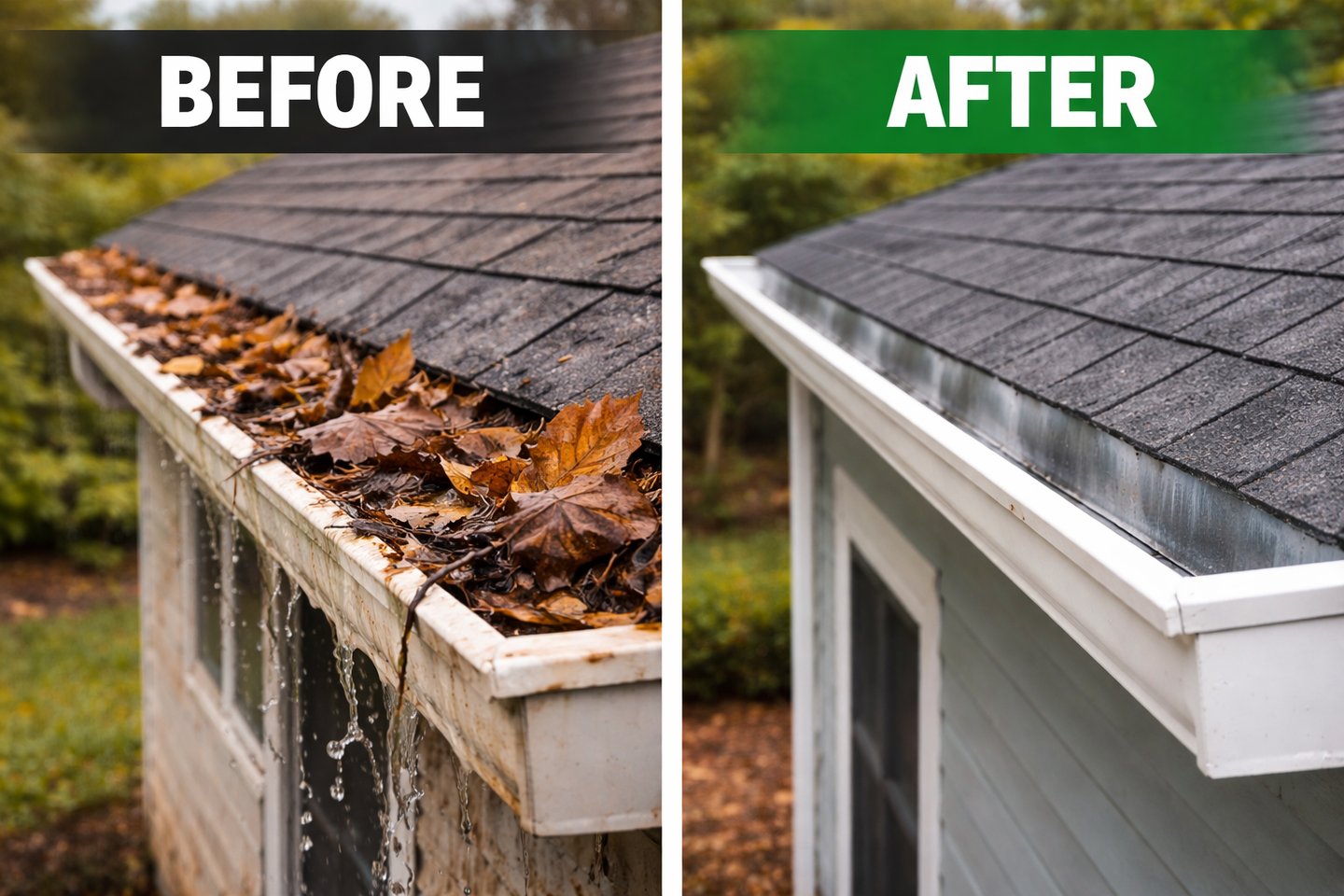 Clogged gutter full of leaves compared to clean gutter after professional cleaning service in Durham