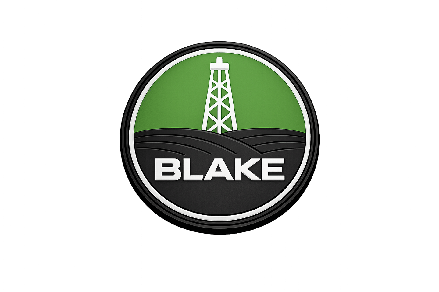 Blake circular logo featuring a white oil derrick tower icon over green hills.