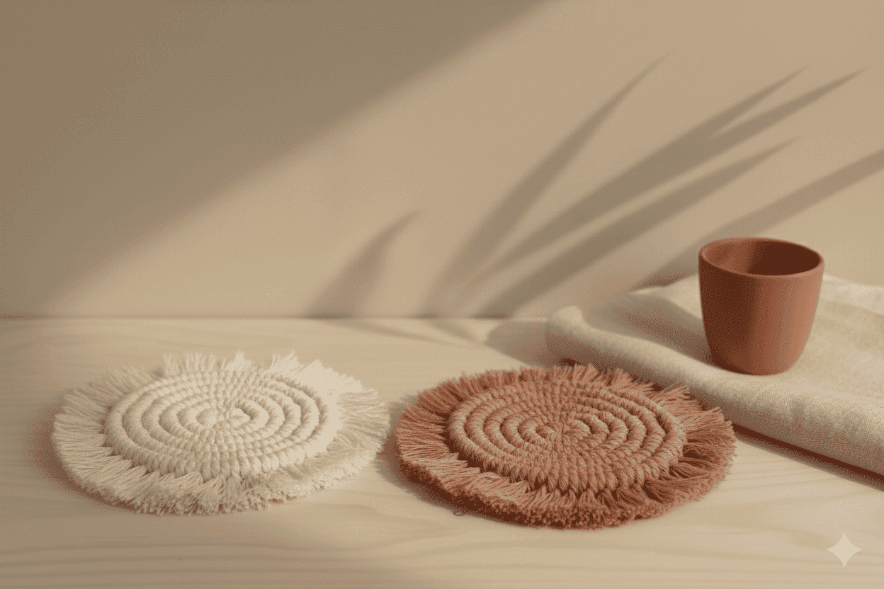 portavaso macramé en forma circular, tejidos a mano por kaalm mx, colores crudo y palo de rosa