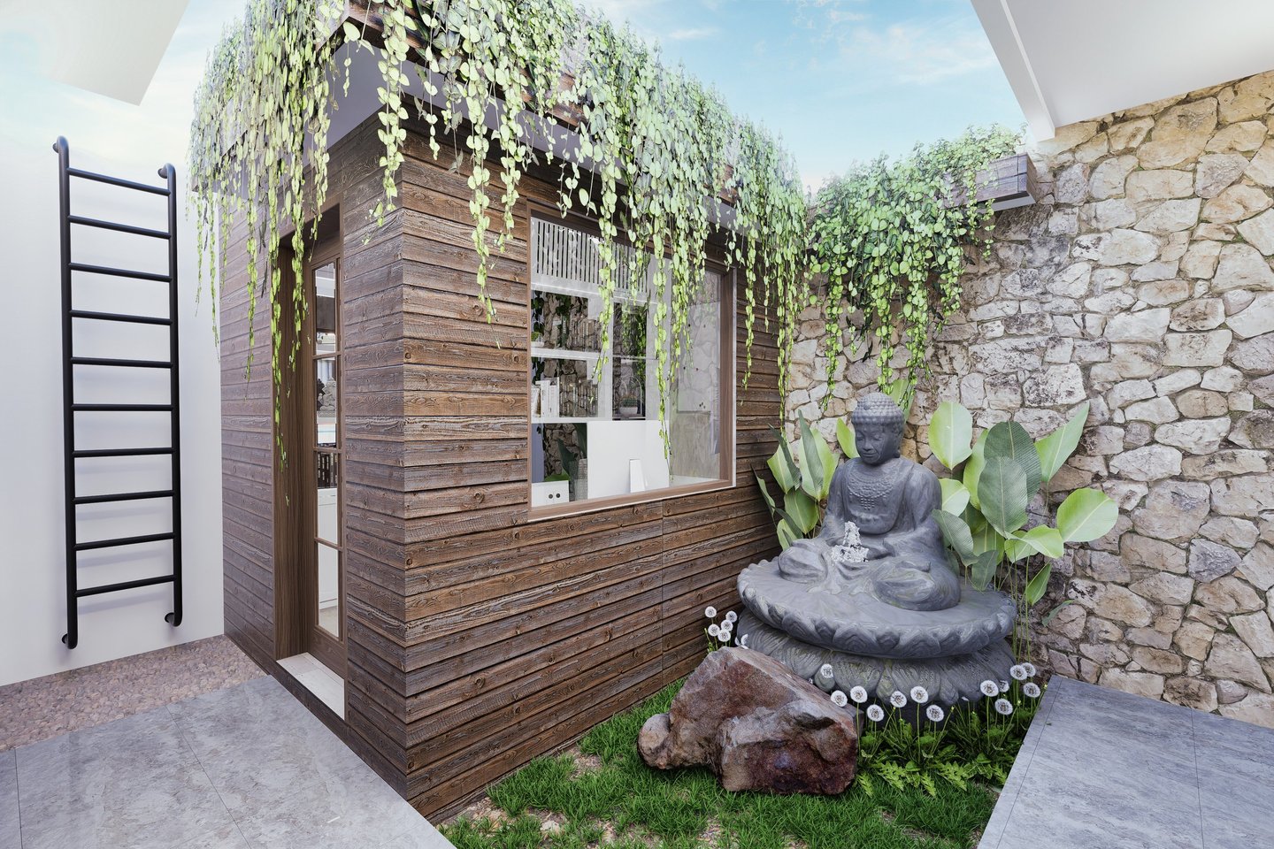 Desain Taman dengan patung Buddha by Atria Interior
