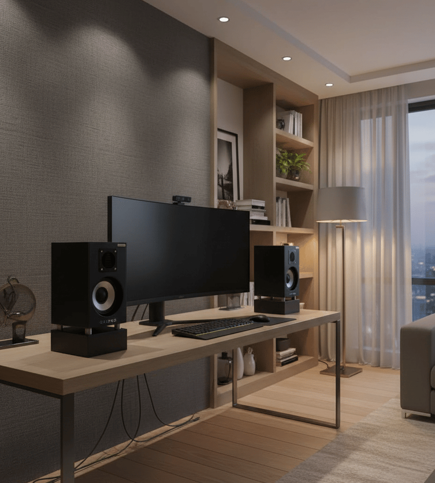 Bookshelf speakers placed beside Workstation in modern living room