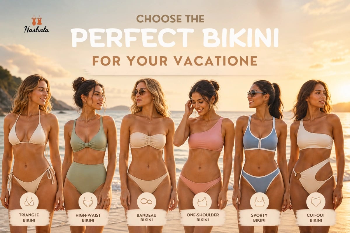 Six women modeling different styles of bikinis on a beach at sunset for vacation swimwear.