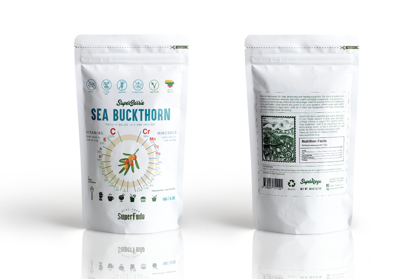 Berry powder doypack packaging white with ingredients