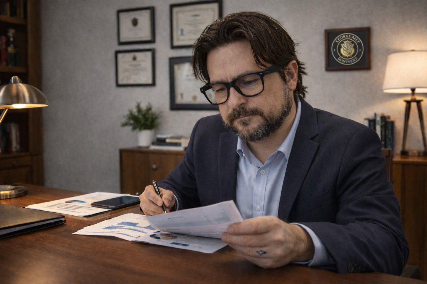 Professional businessman in a suit reviewing financial documents and data reports at an office desk.