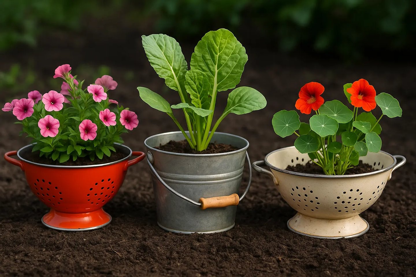 Pot de fleurs DIY fabriqué à partir d’une passoire en métal, contenant des capucines