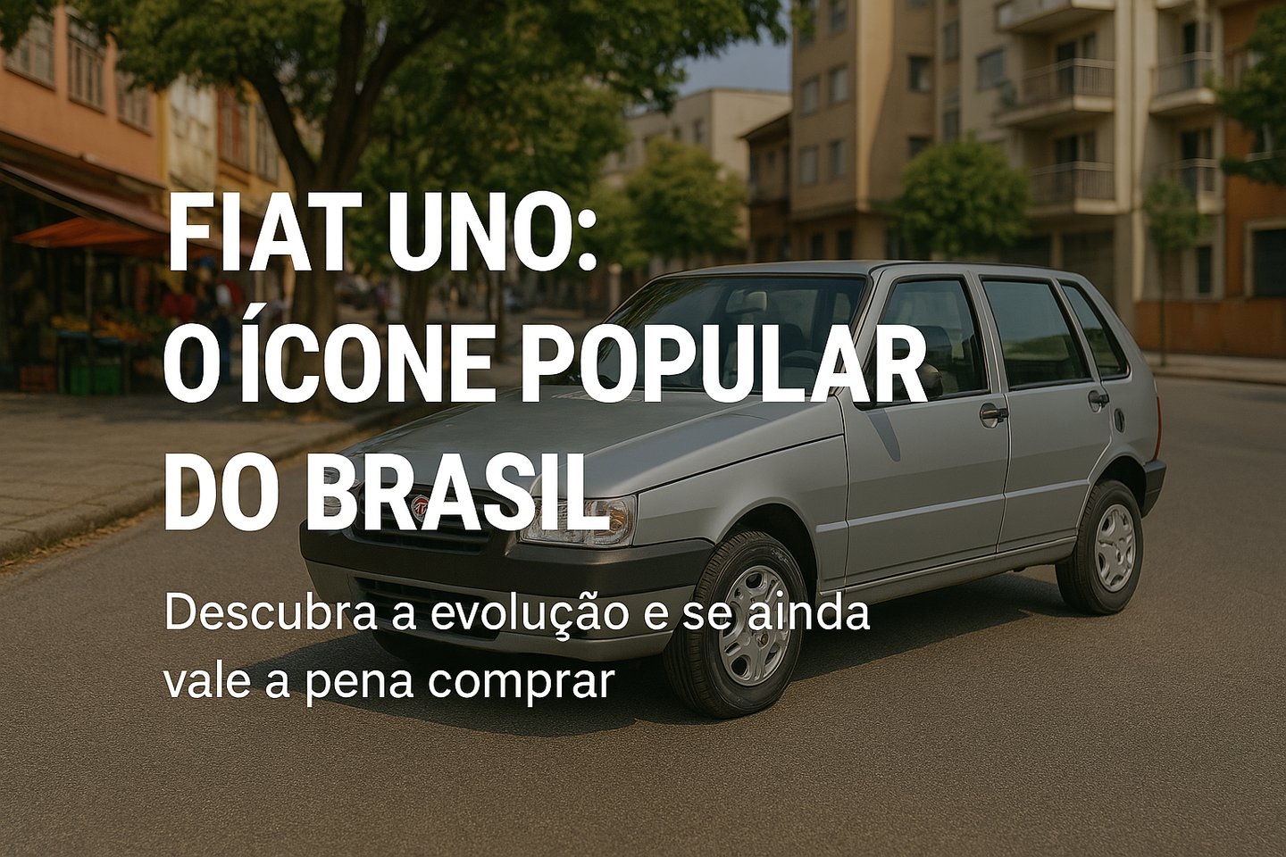 Fiat Uno prata estacionado em rua urbana com chamada sobre sua popularidade no Brasil