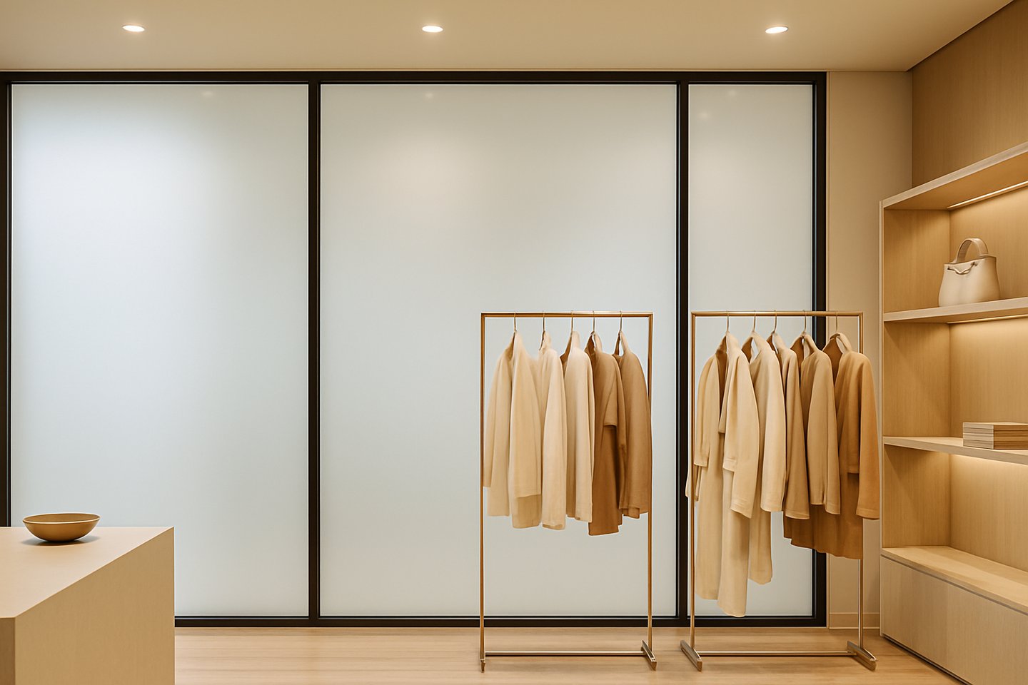 Showroom di moda con parete in vetro opacizzata da pellicola LCD, allestimento curato