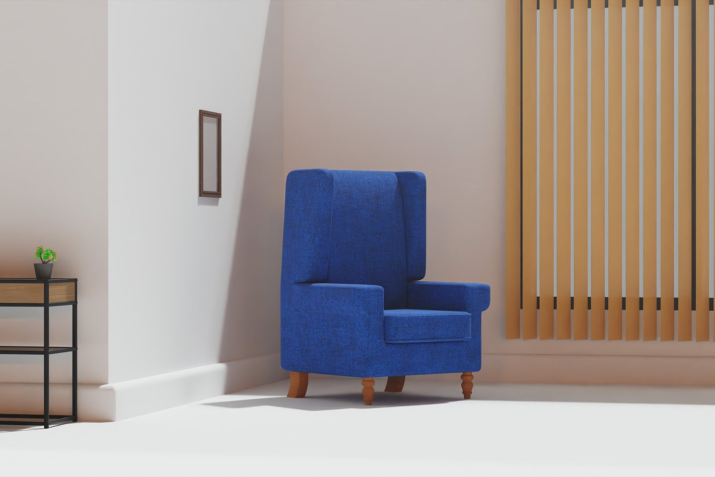 a blue chair in an almost empty room