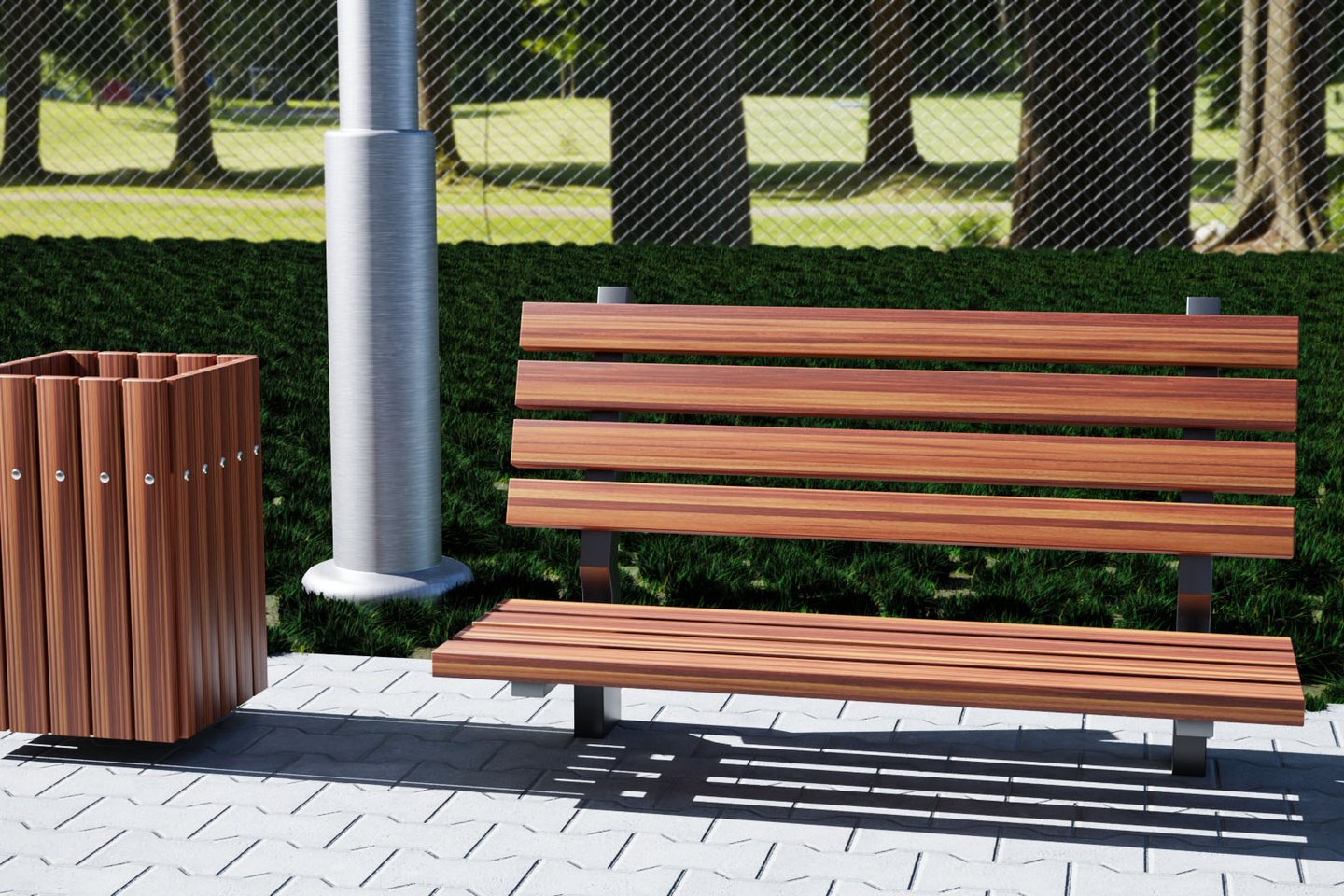 a wooden bench with a trash canister and lighting pole