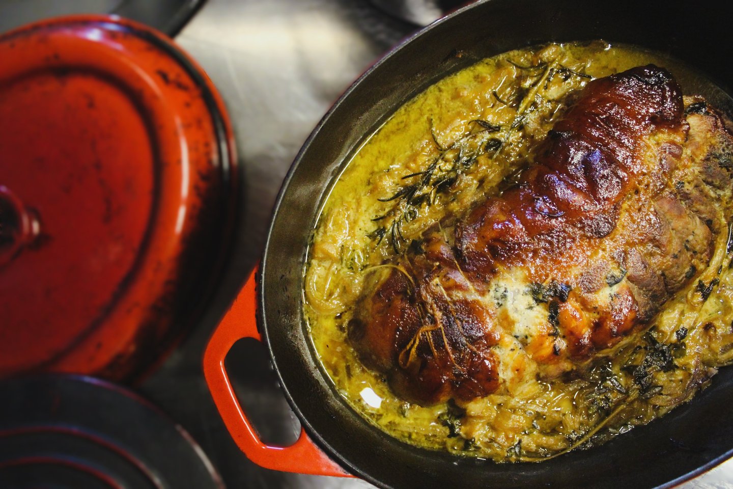 roti de porc fermier miel moutarde oignons caramélisés