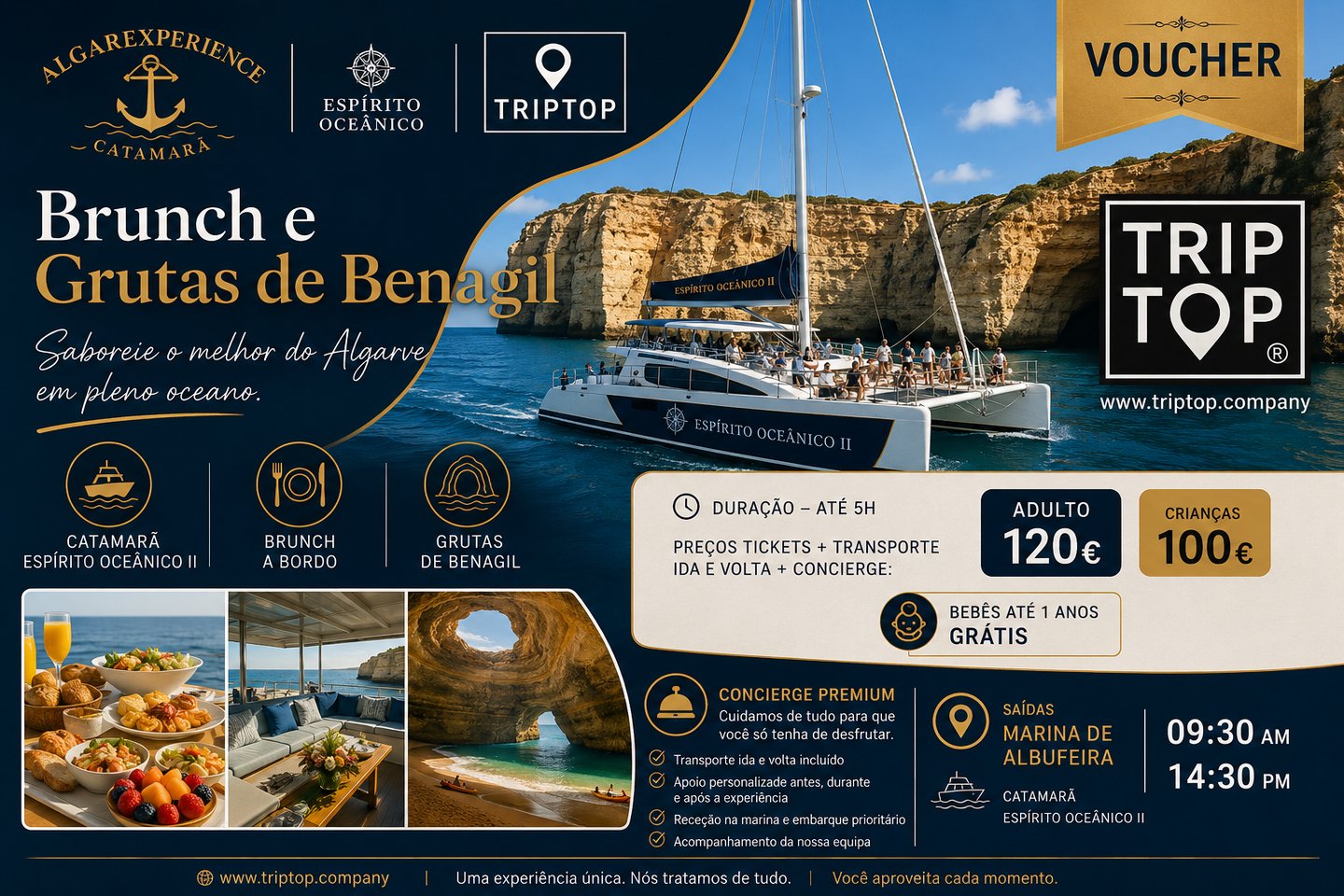 Promotional flyer for an Algarve catamaran tour to Benagil Caves with brunch on board.