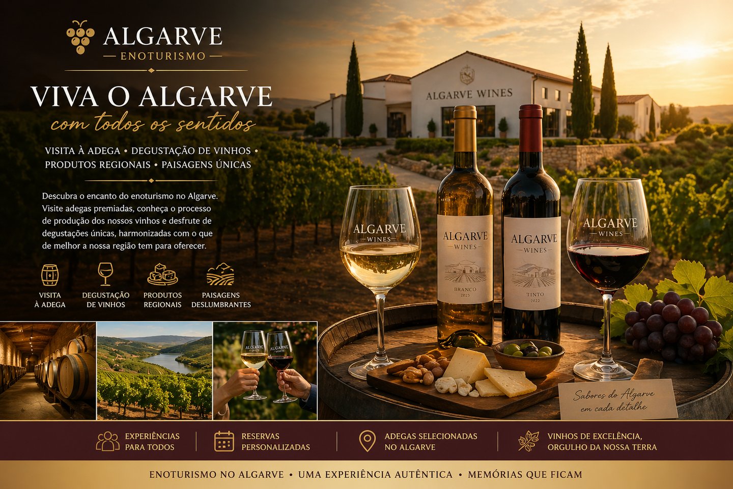 Algarve enotourism wine tasting with bottles and glasses on a barrel overlooking a sunset vineyard.