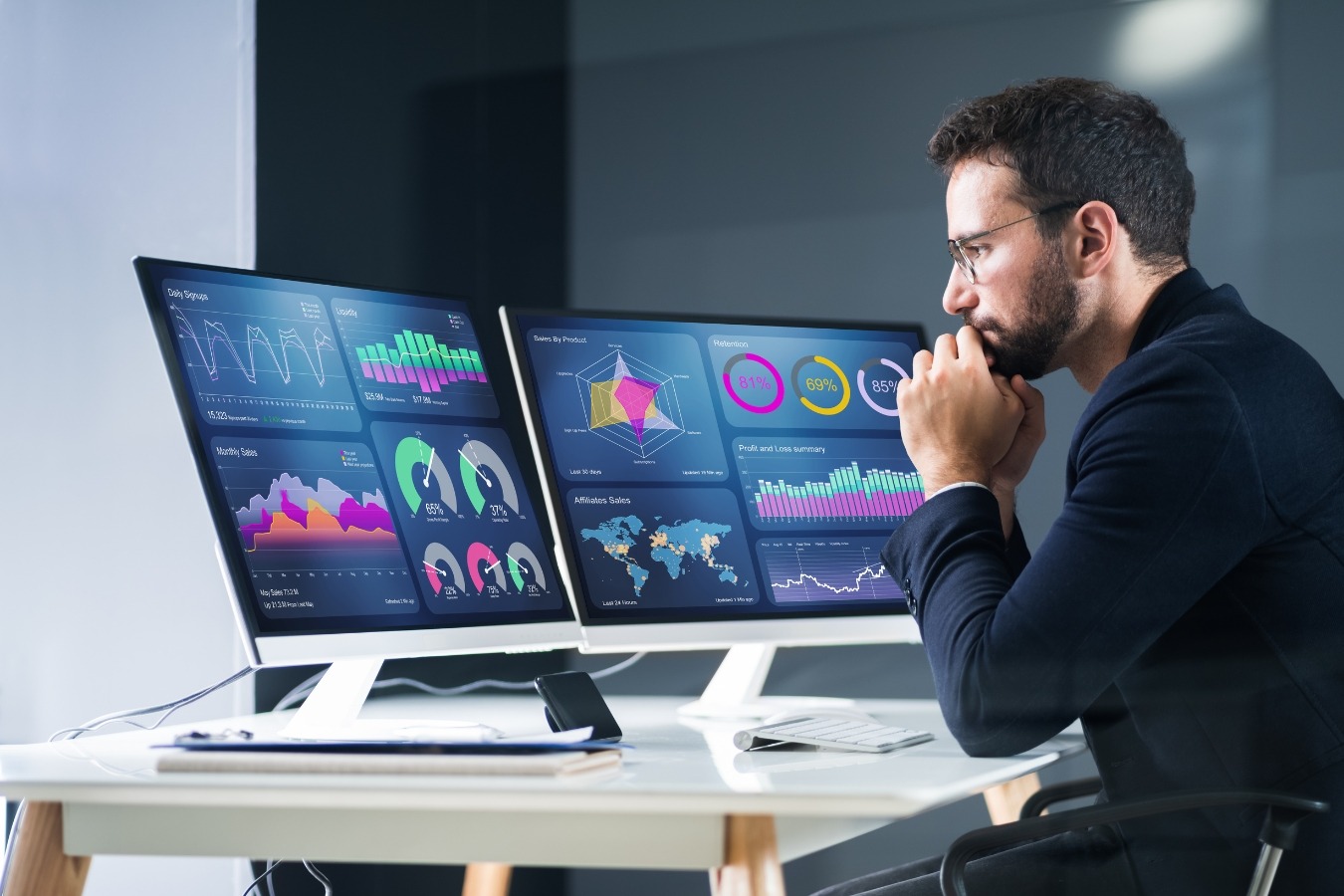 a man sitting at a desk with two monitors and a laptop-digital marketing institution