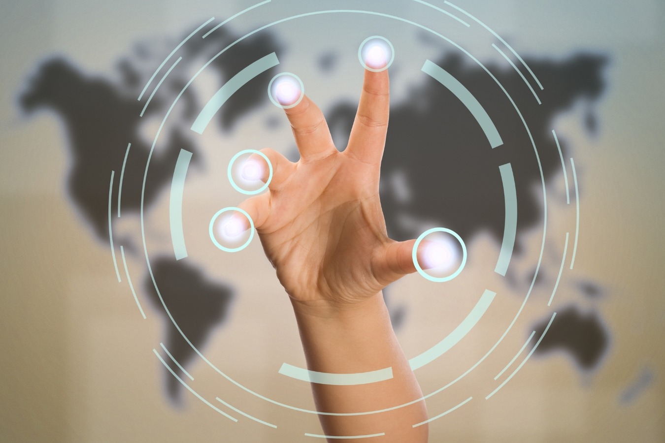 a person holding up a peace sign with a world map in the background-Ai-Integrated Digital Academy