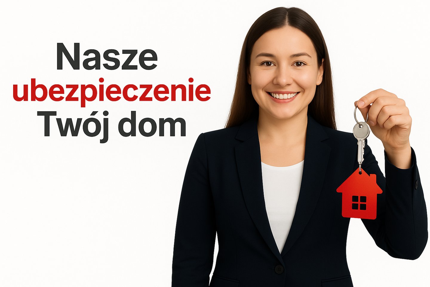 Uśmiechnięta kobieta trzymająca klucze do domu z czerwonym brelokiem. Grafika promująca hasło „Nasze
