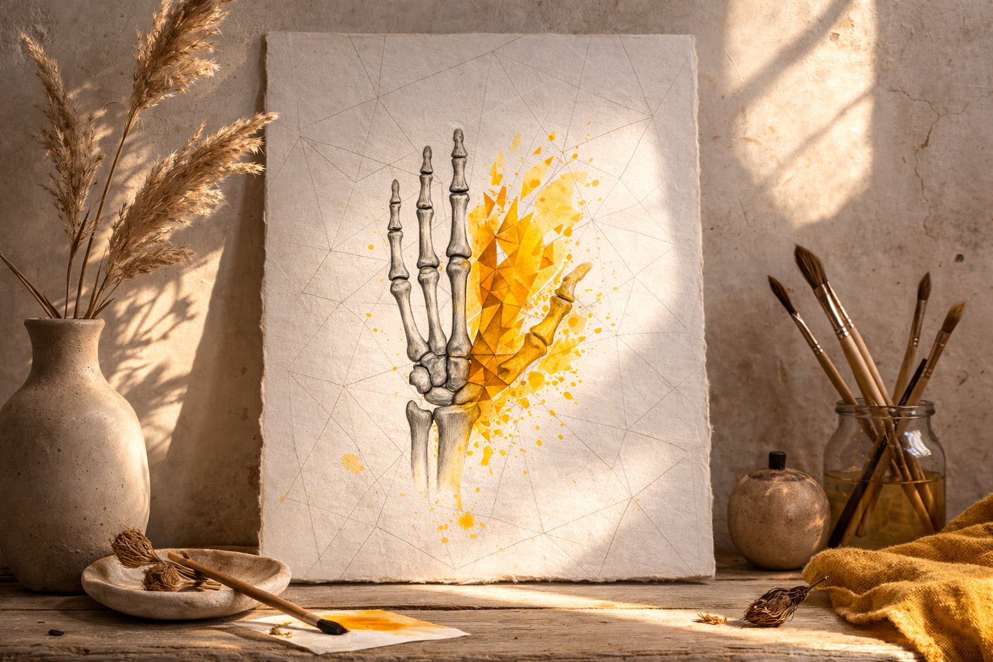 Artistic watercolor painting of a skeletal hand with yellow geometric patterns on an artist's easel.