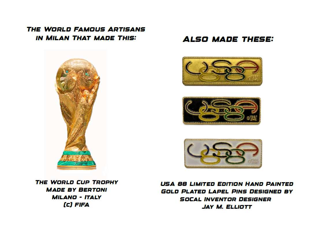 The FIFA World Cup trophy next to limited edition USA 88 gold plated lapel pins by Bertoni artisans.