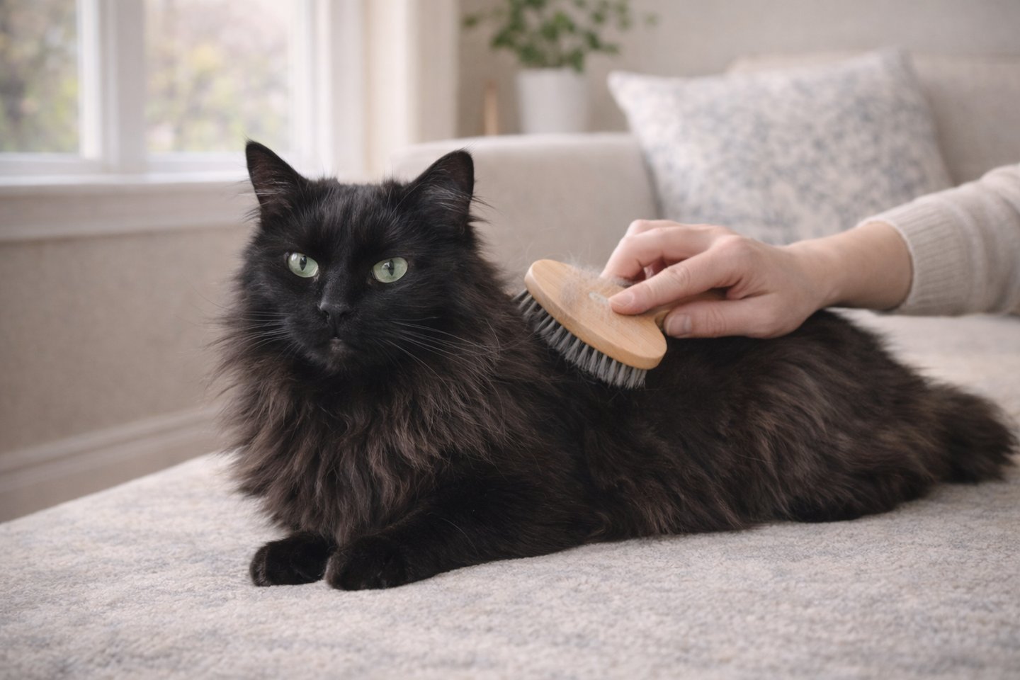 Cat being brushed indoors during spring.