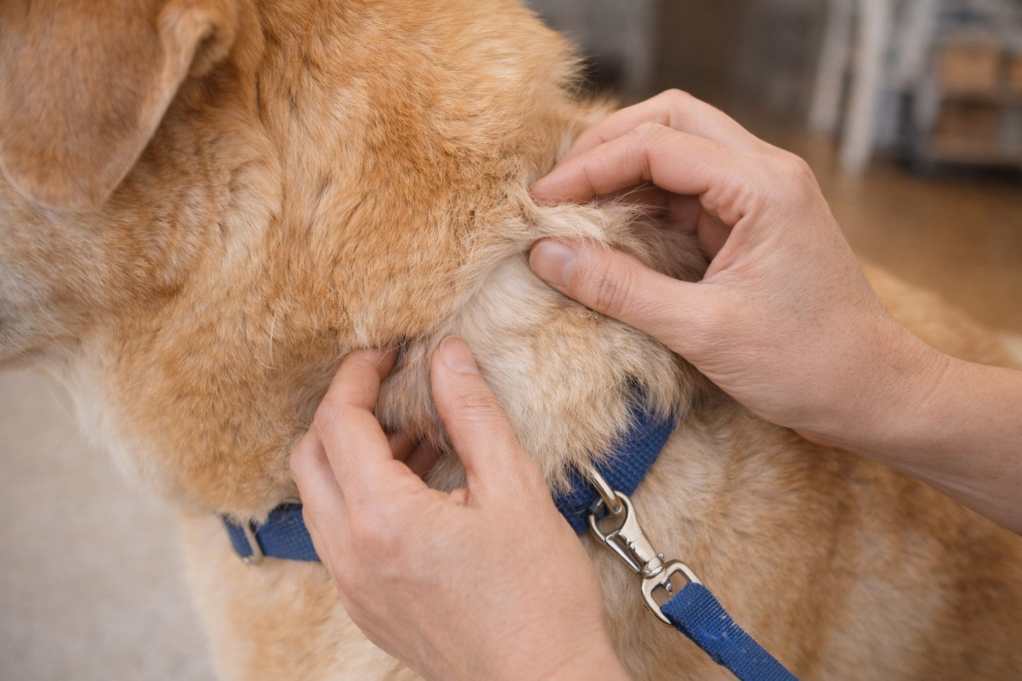 Owner checking dog’s fur for ticks indoors.